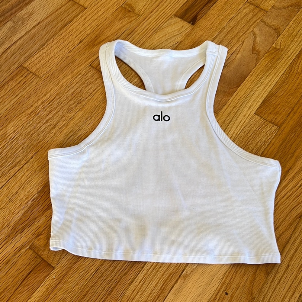 Alo White Cotton Ribbed Cropped Tank Size S